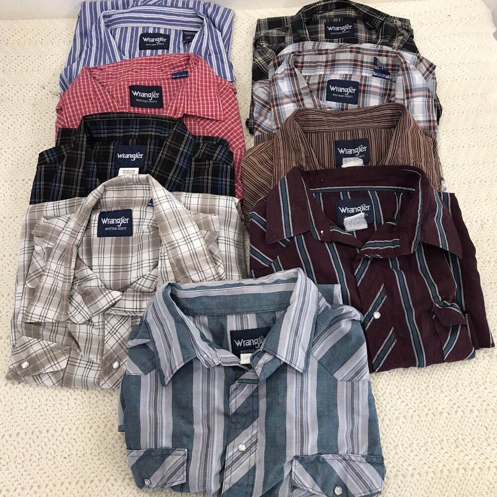9 Lot Wrangler Western Shirt Mens Size Pearl Snaps Plaid Long Sleeves XXL
